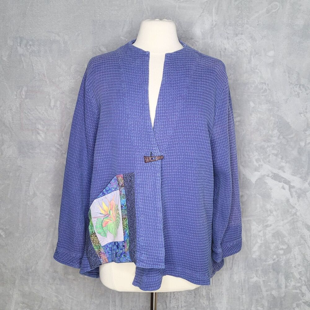 BRIE KRIEBEL Blue Waffle Swing Jacket Size L Wearable Art Lagenlook Tropical